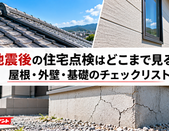 地震後の住宅点検はどこまで見る？屋根・外壁・基礎のチェックリストのイメージ